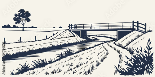 A small bridge over a stream in a rural landscape Vector