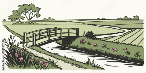 A small wooden bridge over a stream in a rural landscape Vector