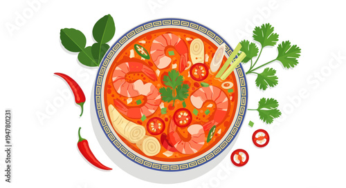 Tom Yum Goong Soup - Spicy Thai Shrimp Noodle Bowl with Chili and Herbs