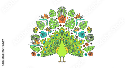 Vibrant Peacock Illustration with Tropical Leaves and Flowers