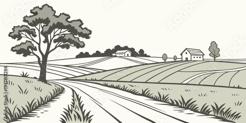 A drawing of a tree on a farm with a barn in the background Vector