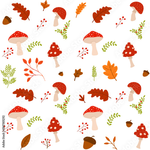 Autumn Forest Seamless Pattern with Mushrooms