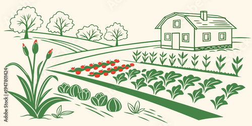 A green line drawing of a house and garden with flowers and trees Vector