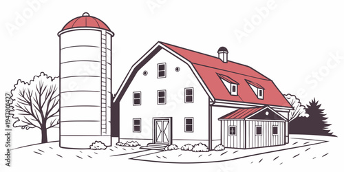 A white barn with a red roof and a silo Vector