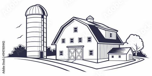 A large farm with a barn and silo Vector