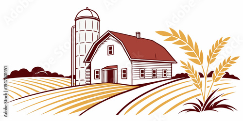 A white barn with a red roof and silo next to a wheat field Vector