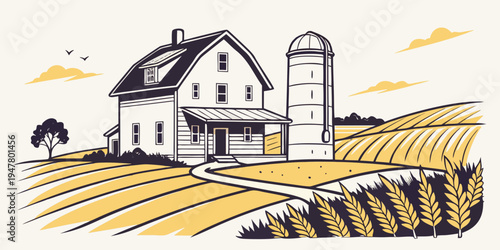 A white farmhouse with a silo and fields of crops Vector