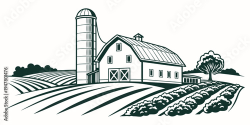 A farm with a barn and silo Vector