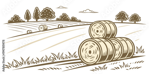 A brown sketch of hay bales on a field Vector