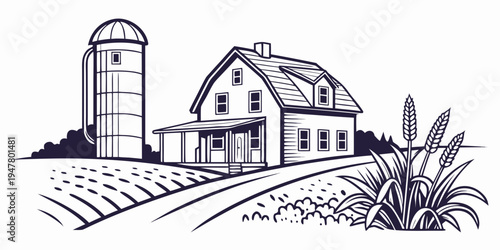 A farm with a house and a silo Vector