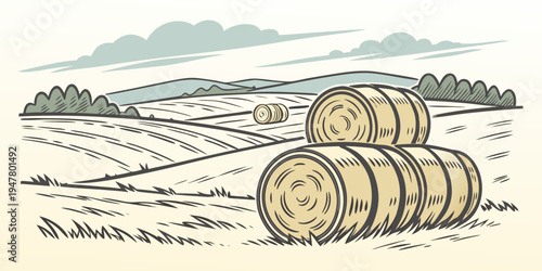 Two wooden barrels sitting in a field Vector
