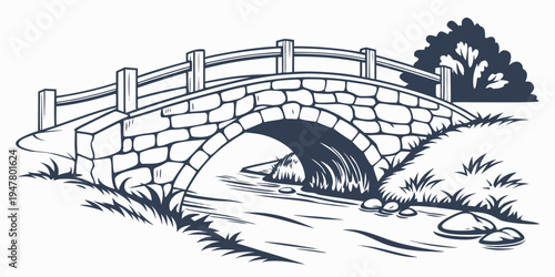 A stone bridge over a small stream with a tree on the right side Vector