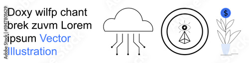 Digital technology, data security, financial growth, innovation, vision concept, and modern design. A cloud with circuits, eye pyramid icon and plant with dollar symbol. Data security and financial
