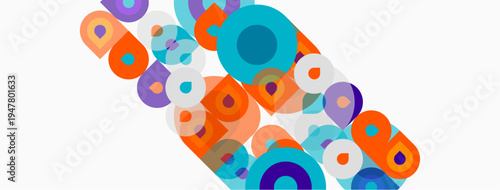 Abstract colorful circles, squares overlap. Modern design, bright hues create dynamic visual pattern. Simple geometry dominates composition.