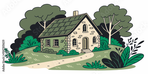 A house on a green hill with trees and bushes Vector