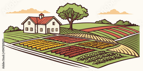 A house next to a tree and a garden with various flowers and crops Vector