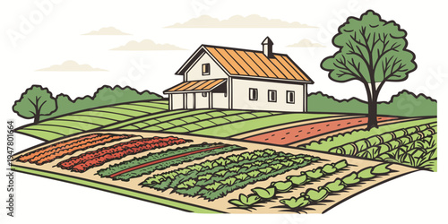 A white house with a brown roof and a garden in front Vector