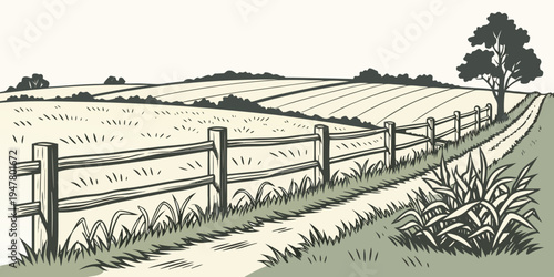A fence along a dirt road in a rural area Vector