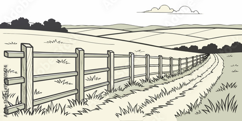 A wooden fence in a rural landscape Vector