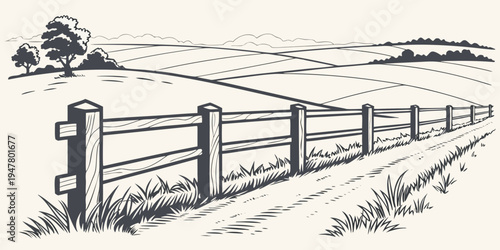 A wooden fence in a rural landscape Vector