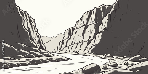 A black and white drawing of a river canyon Vector