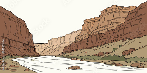 A river running through a canyon with steep cliffs Vector