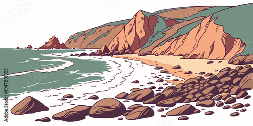 A scenic rocky coastline with a sandy beach Vector