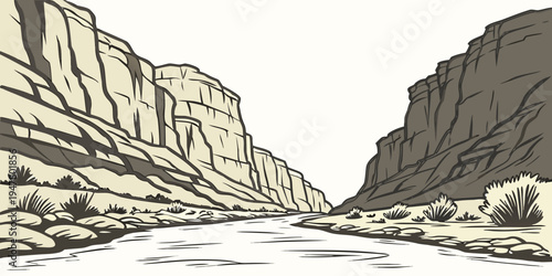 A river runs through a canyon with steep cliffs Vector