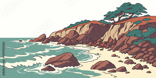 A rocky beach with a tree on a cliff Vector