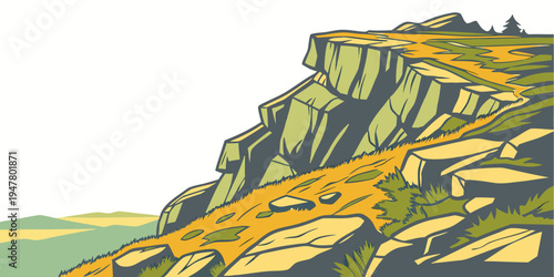 A rocky cliffside with yellow flowers and greenery Vector