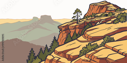A pixel art landscape of a desert canyon with trees Vector