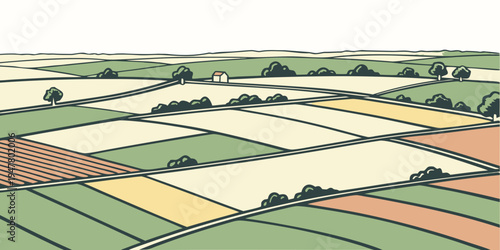 Aerial view of a patchwork of fields with trees Vector