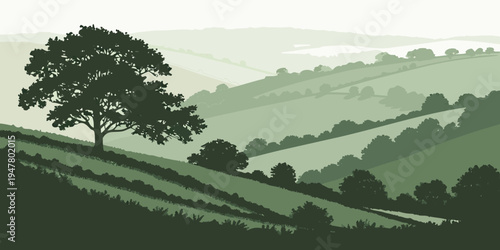 A tree on a green hillside with rolling hills Vector
