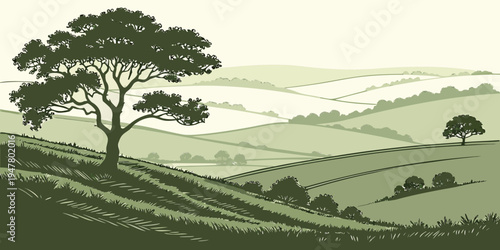 A green landscape with a tree on a hillside Vector