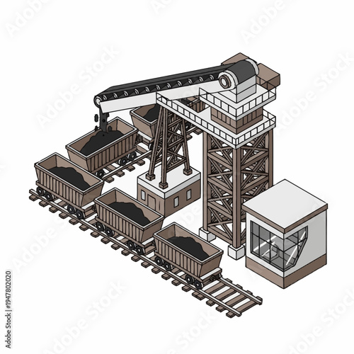 Isometric illustration of a coal loading station with train cars and a control tower.