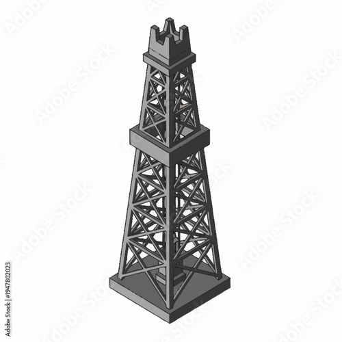 A 3D rendered illustration of a tall, gray oil derrick structure with a square base and a crenellated top.