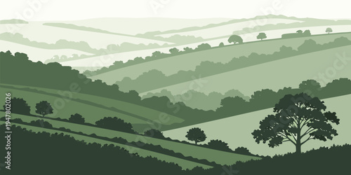 A green landscape with hills and trees Vector