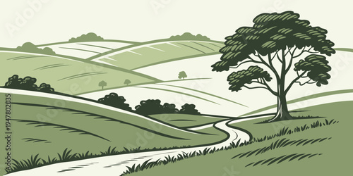 A tree on a grassy hill with a winding road Vector