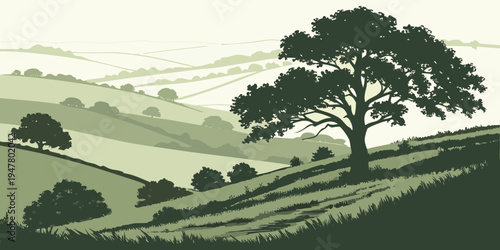 A tree on a hill in a green landscape Vector