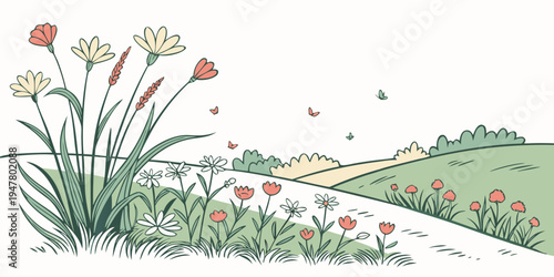 A bouquet of flowers on a grassy hill Vector