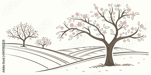 A tree with pink blossoms in a field Vector