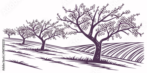 A purple sketch of trees in a field with rows of crops Vector