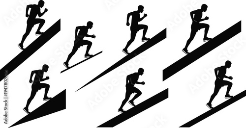 Athlete Running Uphill Icon Set with Silhouettes on Steep Slopes, Vector Illustrations for Sports, Motivation, and Fitness Designs