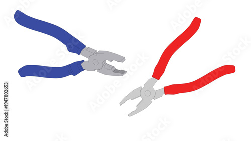 Vector illustration of blue and red-handled pliers tools against a clean white background. Ideal for DIY, repair, or technical projects. Simple, flat design with clear details.