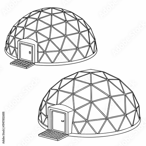 Vector illustration icons of geodesic dome structures in various stages of complexity on a white background