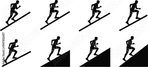 Climbing Athlete Icon Set with Running Silhouette on Slopes, Vector Illustrations for Fitness, Sports, and Motivation Designs