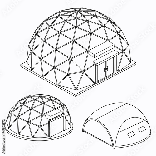 Vector illustration icons of geodesic dome structures in various stages of complexity on a white background