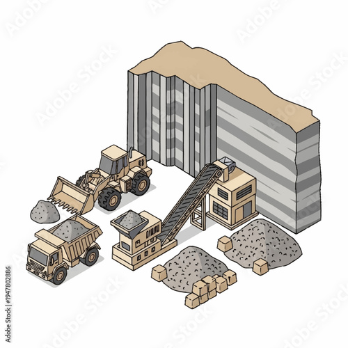 Isometric illustration of a quarry with heavy machinery and rock piles.