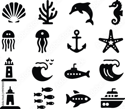 hand drawn sea life black icons set vector illustration design art