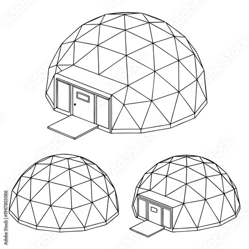 Vector illustration icons of geodesic dome structures in various stages of complexity on a white background